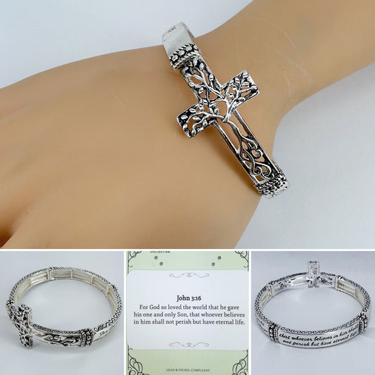 Silver Finish Stretchable Bracelet With Bible Verse 3:16 And Cross Tree Of Life Design