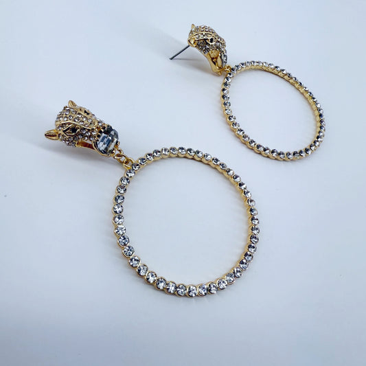 Designer Inspired Jaguar Rhinestone Round Earrings
