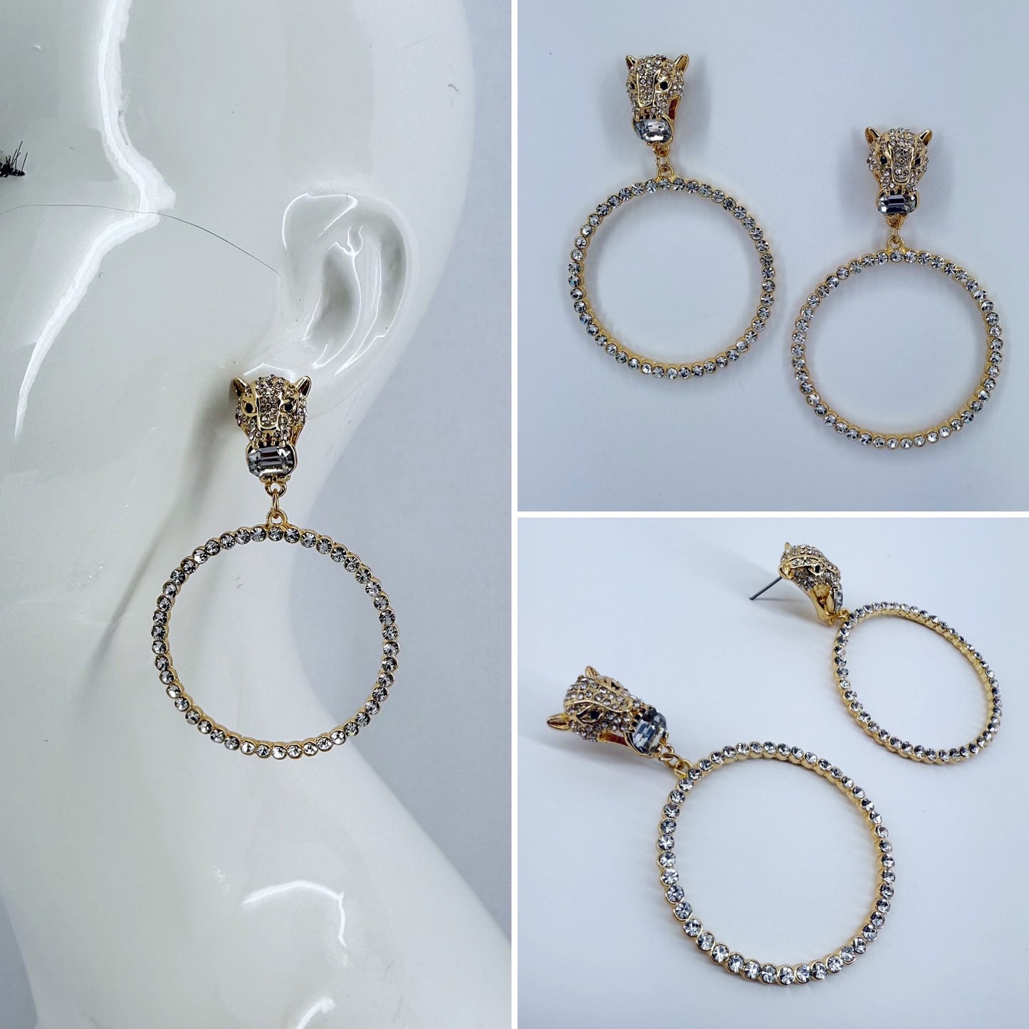 Designer Inspired Jaguar Rhinestone Round Earrings