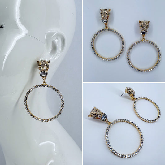 Designer Inspired Jaguar Rhinestone Round Earrings