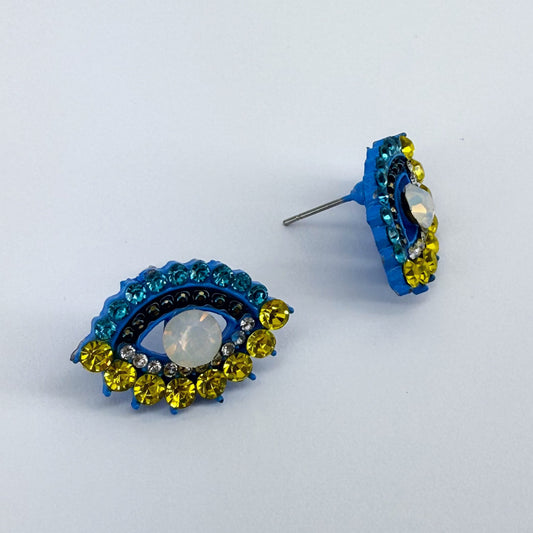 Evil Eye Yellow and Blue Rhinestones Post Back Earrings