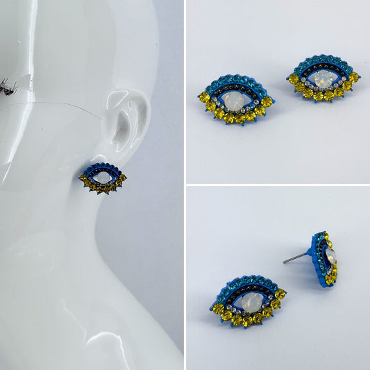 Evil Eye Yellow and Blue Rhinestones Post Back Earrings