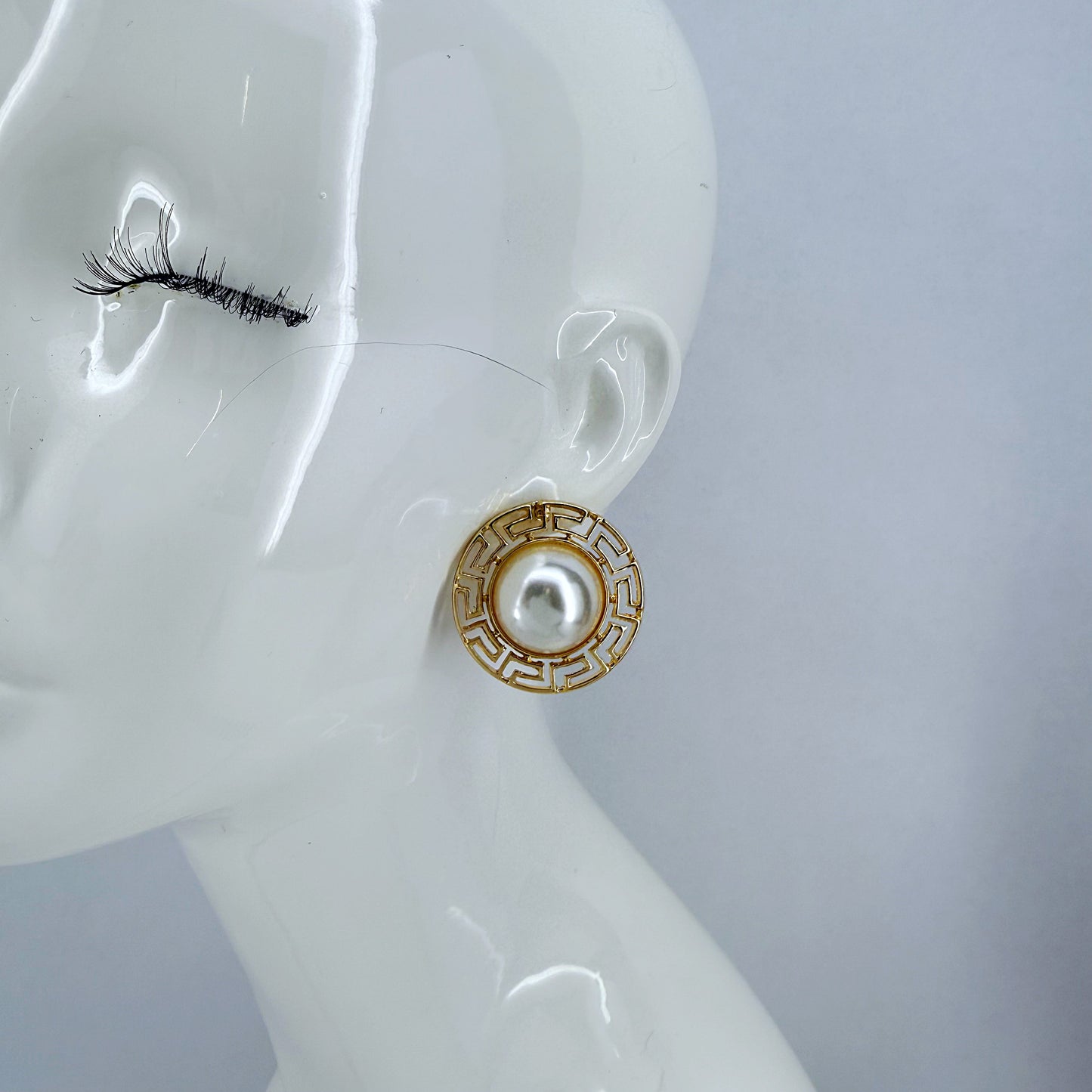 Round Greek Symbol half Pearl Post Back Earrings