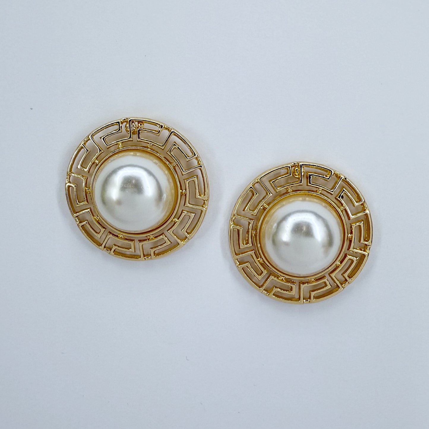 Round Greek Symbol half Pearl Post Back Earrings