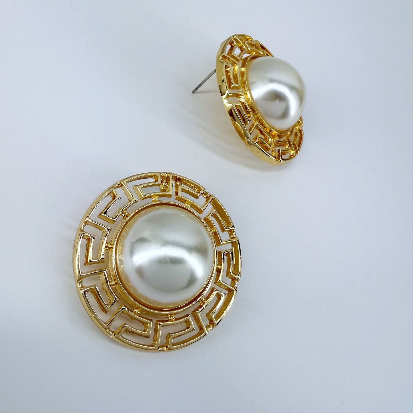 Round Greek Symbol half Pearl Post Back Earrings