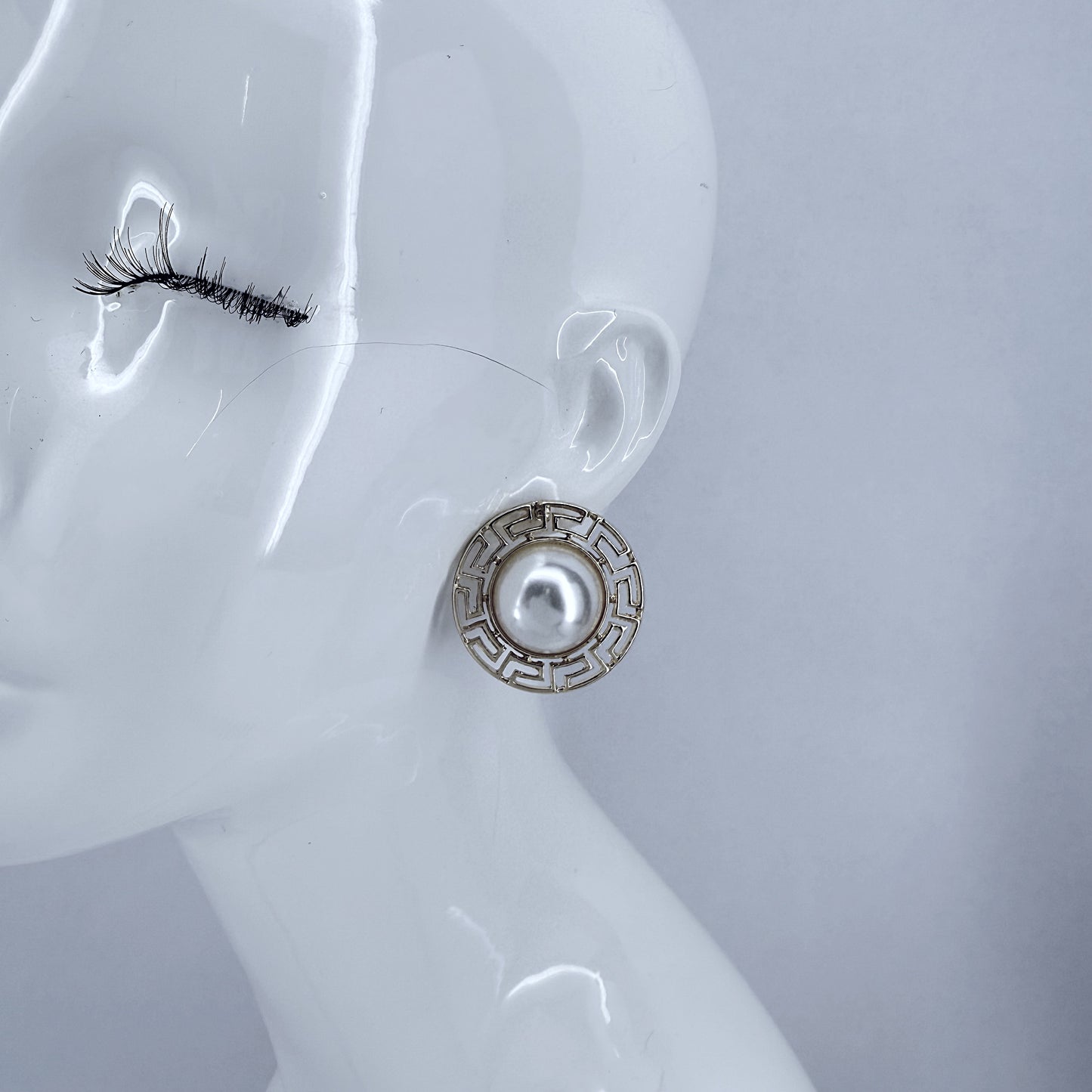 Round Greek Symbol half Pearl Post Back Earrings