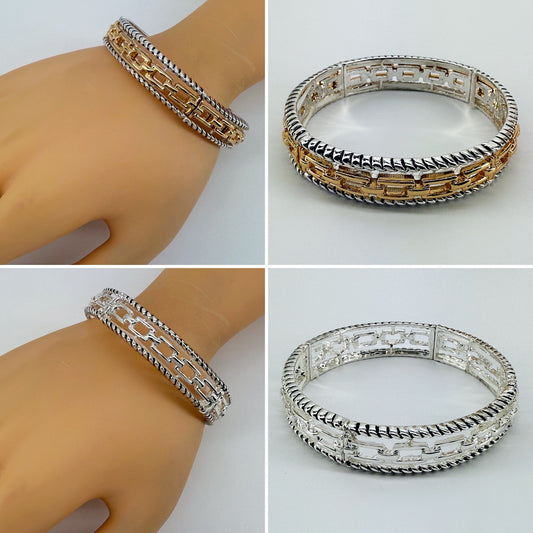 Stretchable Bracelet With Filigree and Cuban Link Gold Or Silver Finish