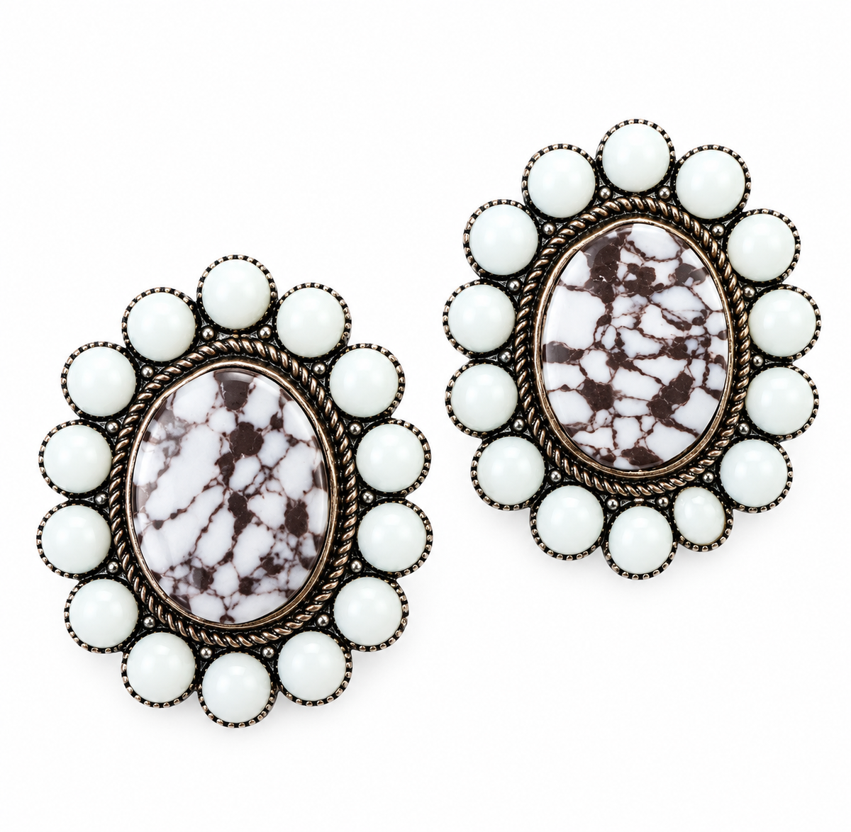 Vintage Style Oval Stone Flower Post Earrings Beaded Border Statement
