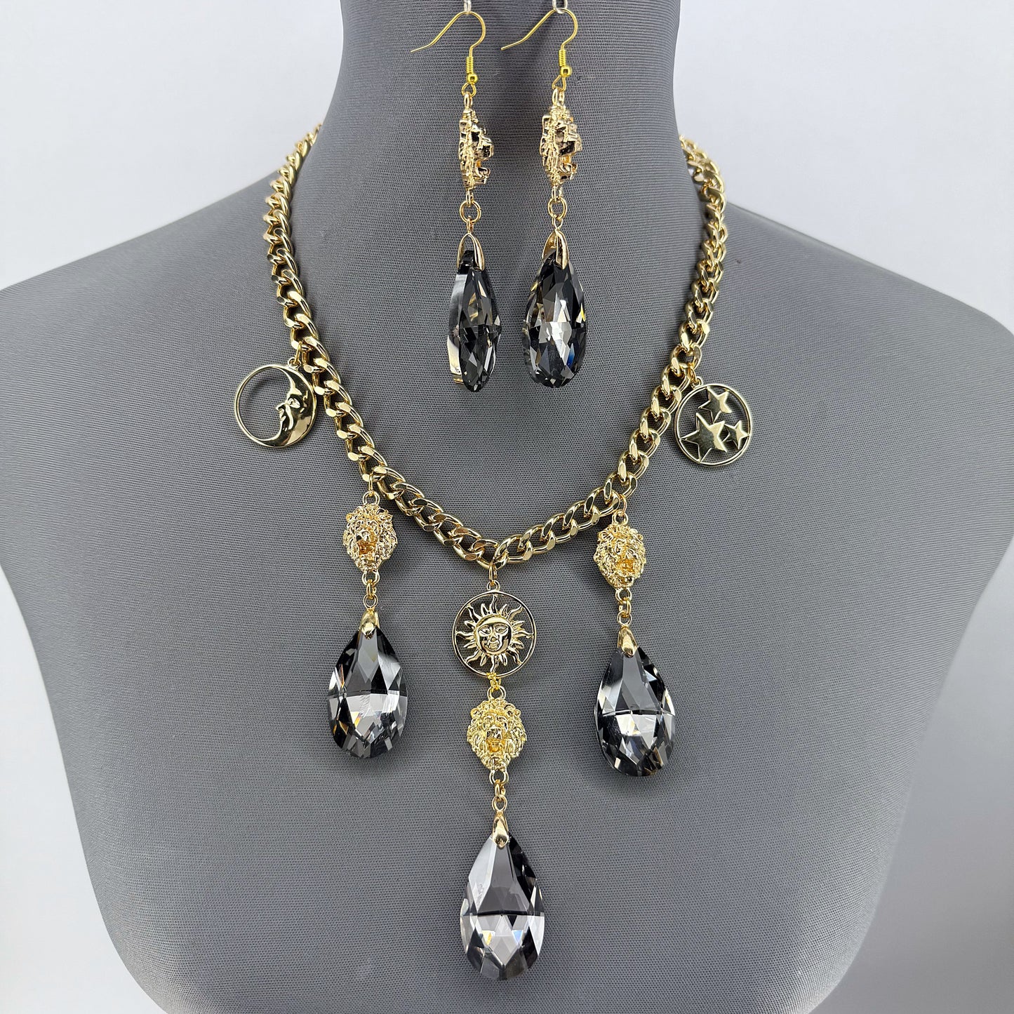 Gold Finish Cuban Link Chain Set With Lion Head And Stone Dangle Charms
