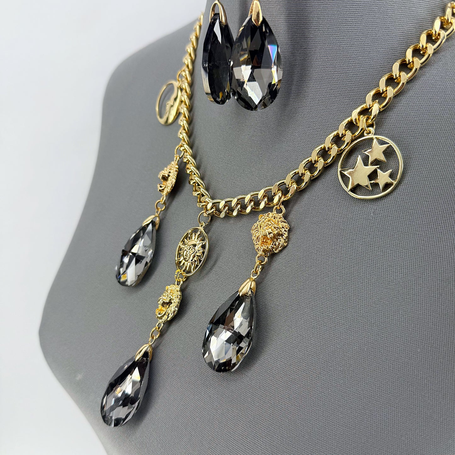 Gold Finish Cuban Link Chain Set With Lion Head And Stone Dangle Charms