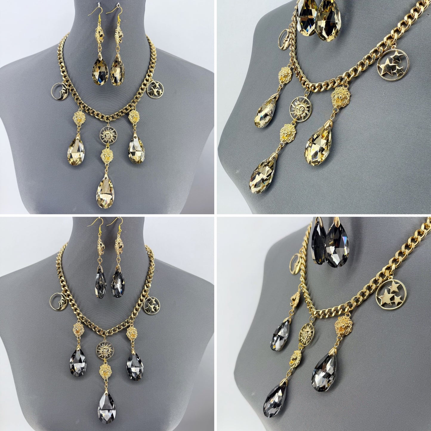 Gold Finish Cuban Link Chain Set With Lion Head And Stone Dangle Charms