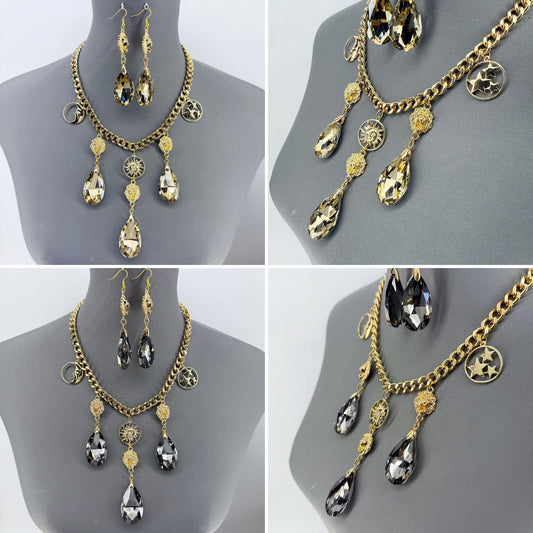 Gold Finish Cuban Link Chain Set With Lion Head And Stone Dangle Charms