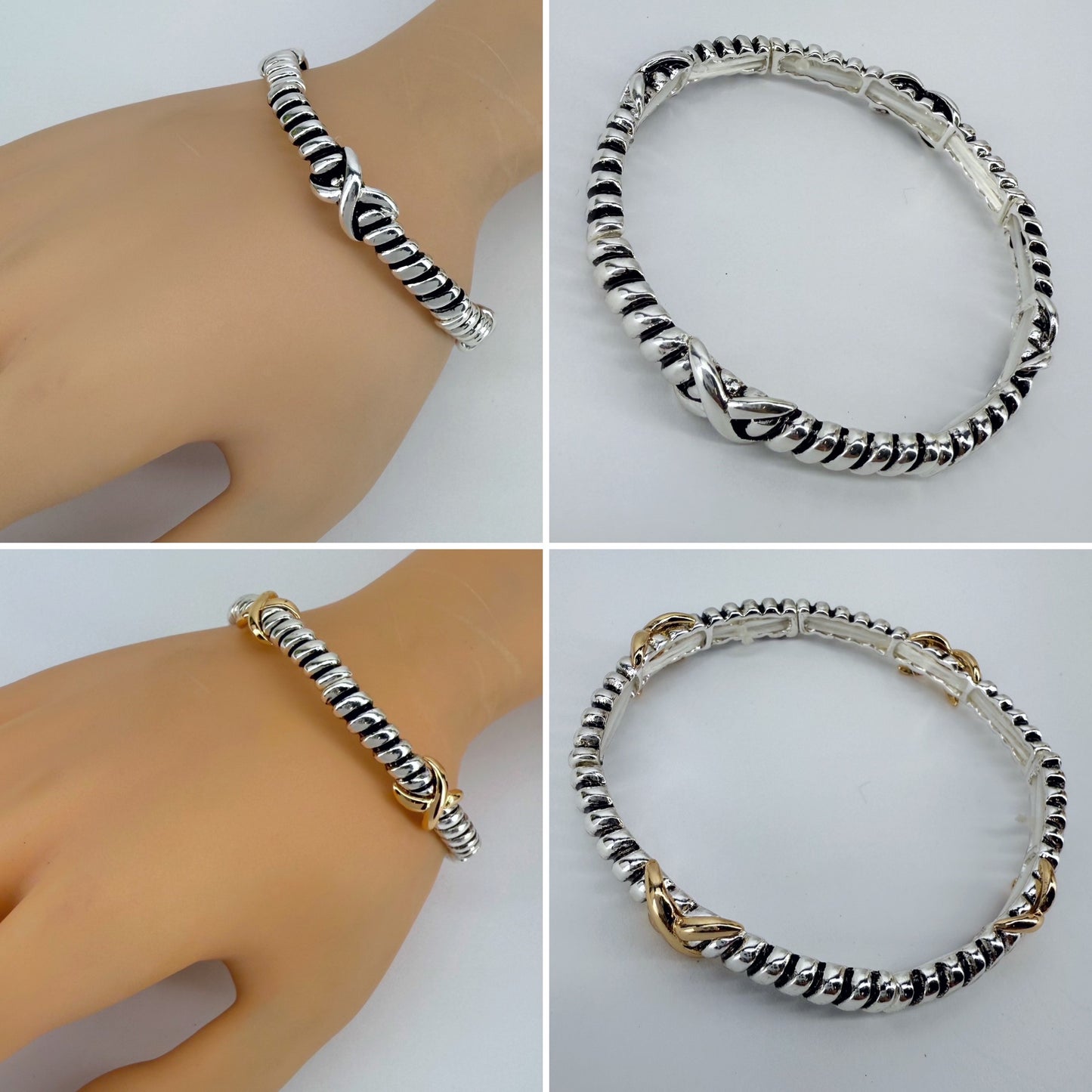 Designer inspired 2 Tone or Silver Finish Stretchable Thin Bracelet