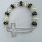 Silver Finish Stretchable Bracelet With Rhinestones Cross And Pearls
