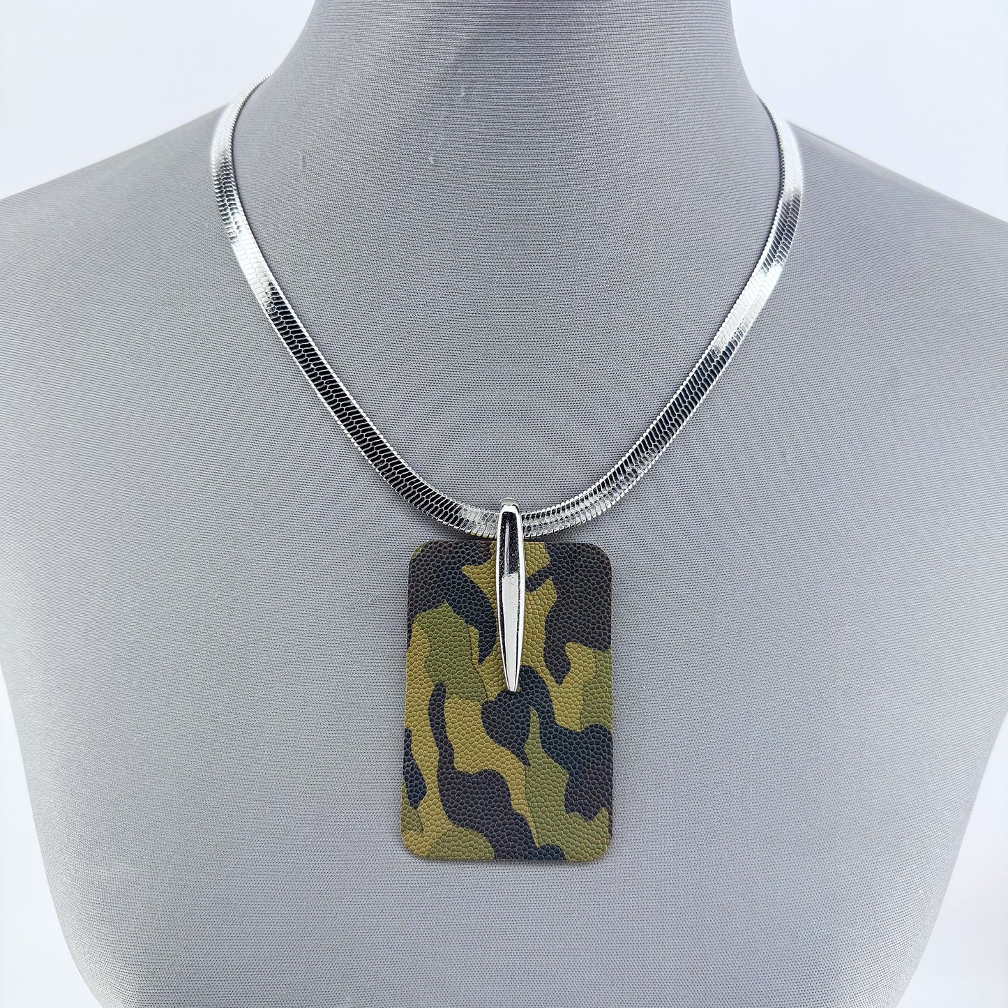 Silver Finish Snake Chain Necklace With Square Camouflage Pendant