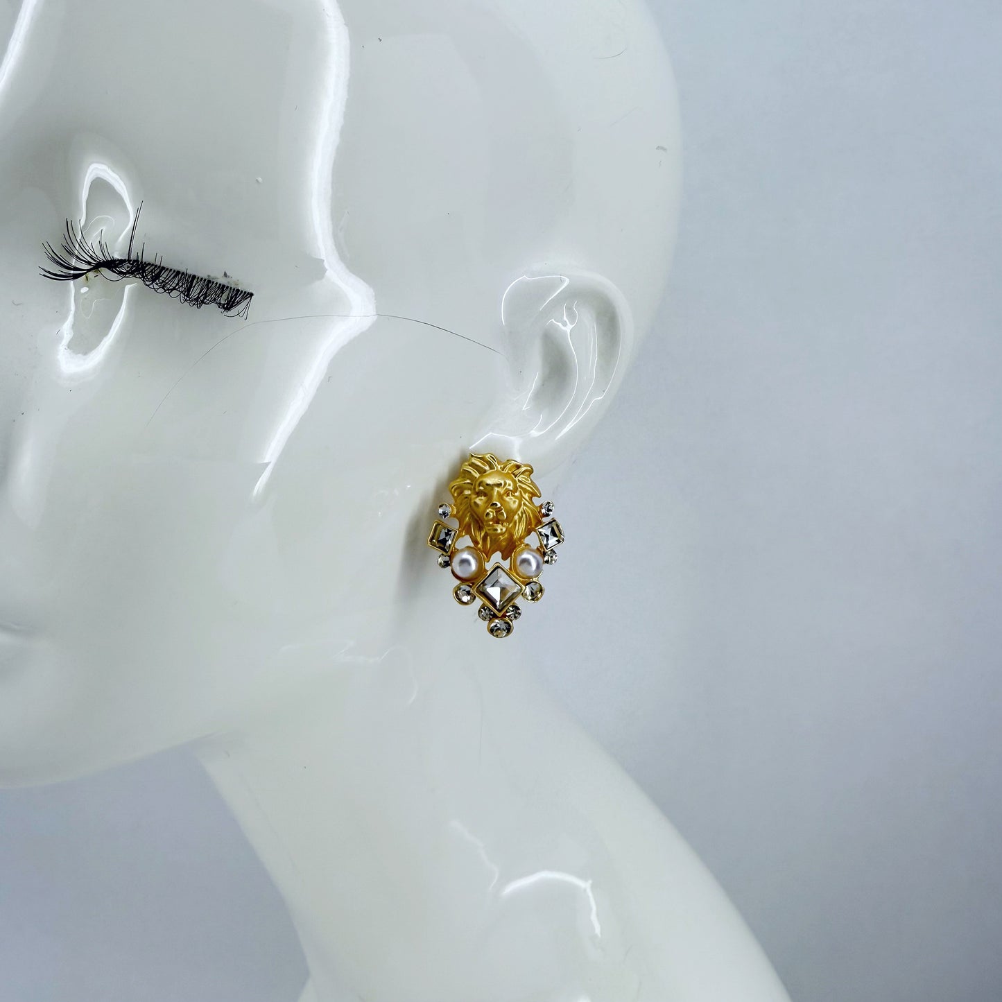 Matte Gold Finish Lion Head Post Back, Pearls and Rhinestones Earrings