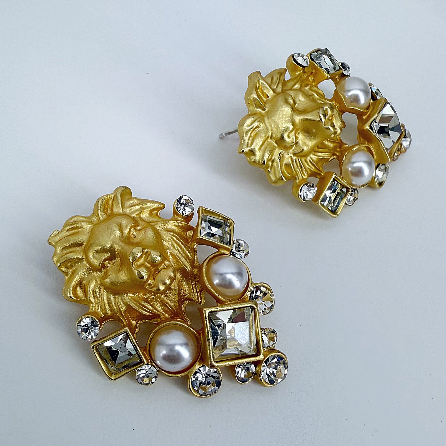 Matte Gold Finish Lion Head Post Back, Pearls and Rhinestones Earrings