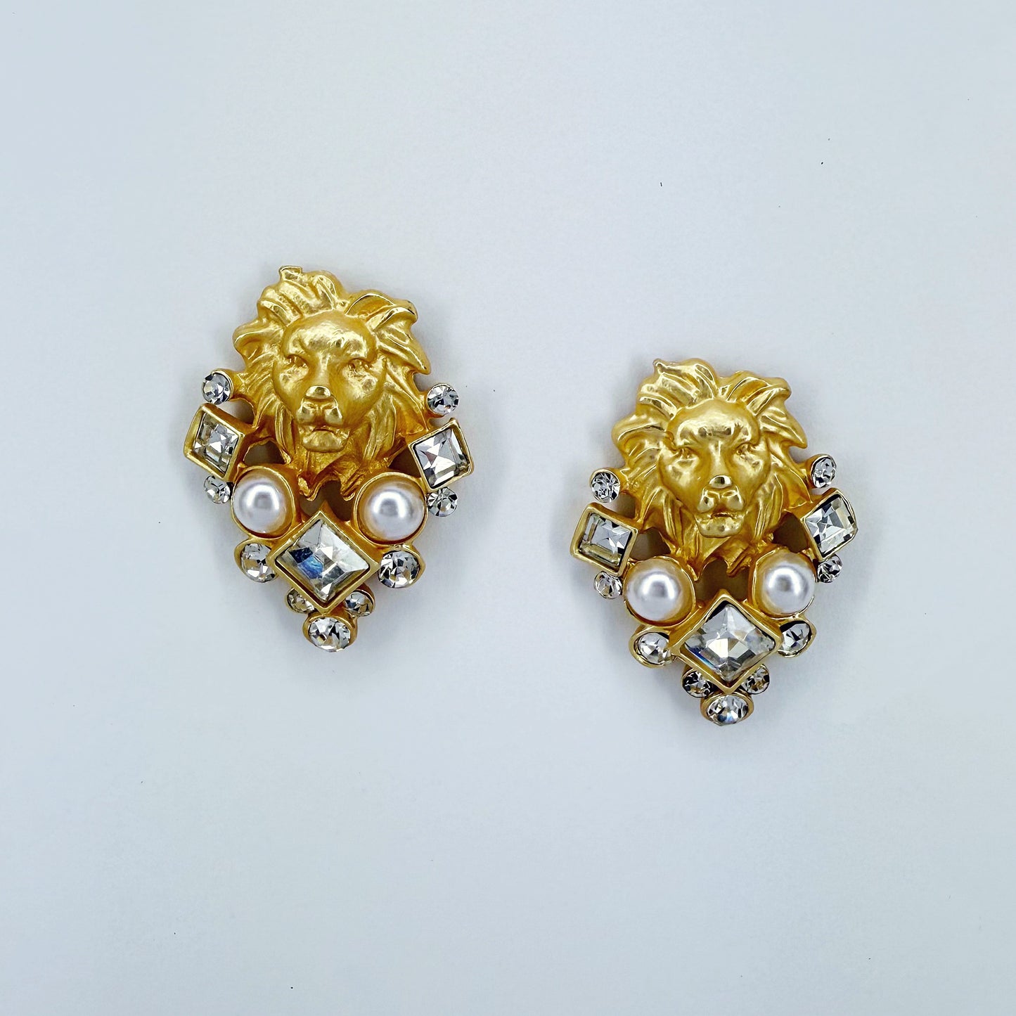 Matte Gold Finish Lion Head Post Back, Pearls and Rhinestones Earrings