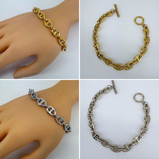 Designer Inspired Link Chain Stainless Steel Bracelet Gold Or Silver Finish