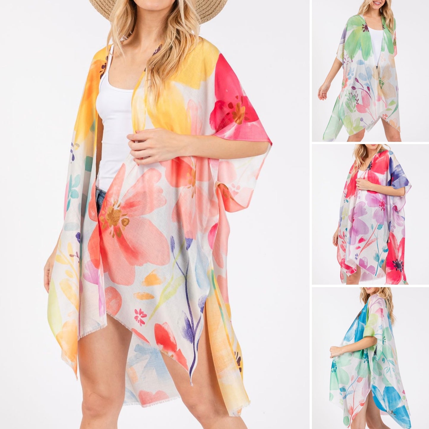 Water Color Flower Print Open KImono Shawl