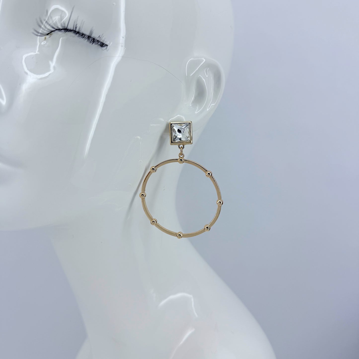 Gold Finish Post Back Square Clear Stone Earrings With Circle Dangle