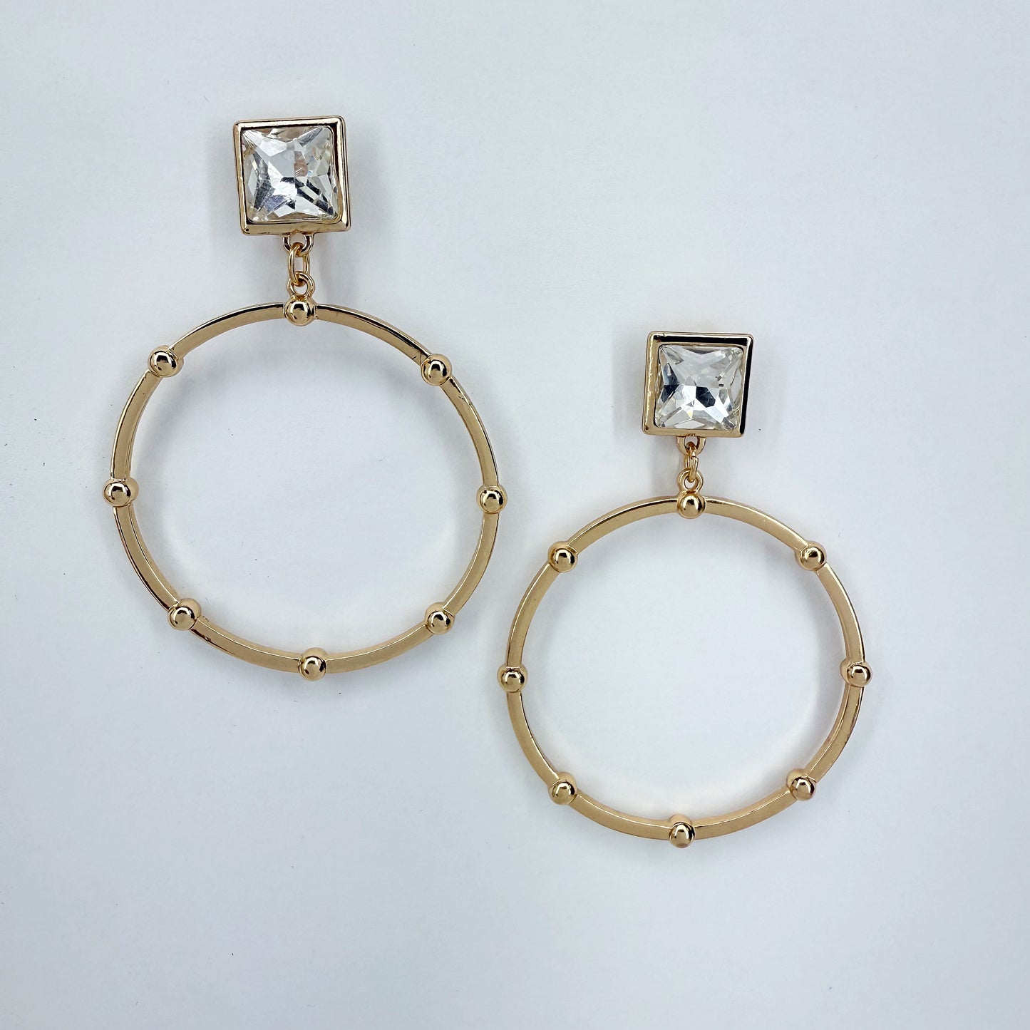 Gold Finish Post Back Square Clear Stone Earrings With Circle Dangle