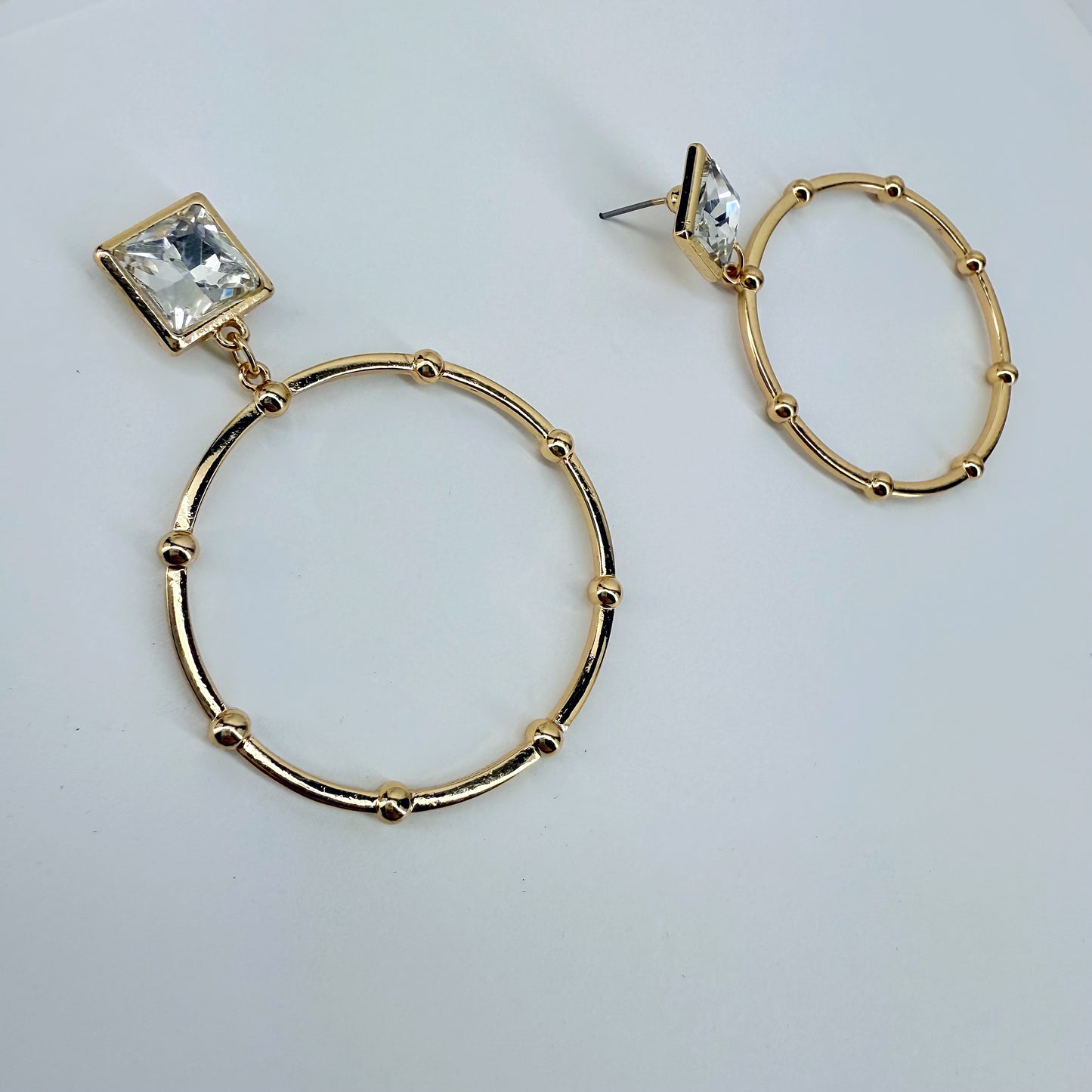 Gold Finish Post Back Square Clear Stone Earrings With Circle Dangle