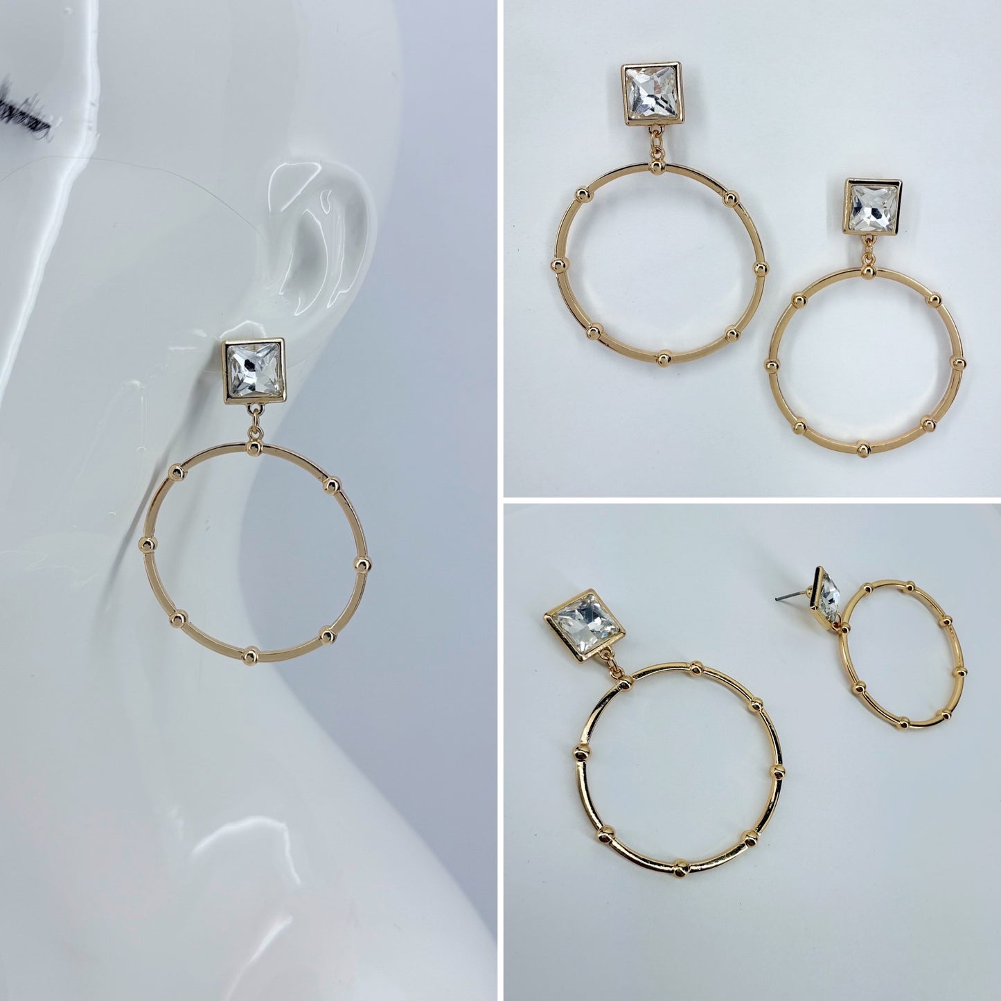 Gold Finish Post Back Square Clear Stone Earrings With Circle Dangle