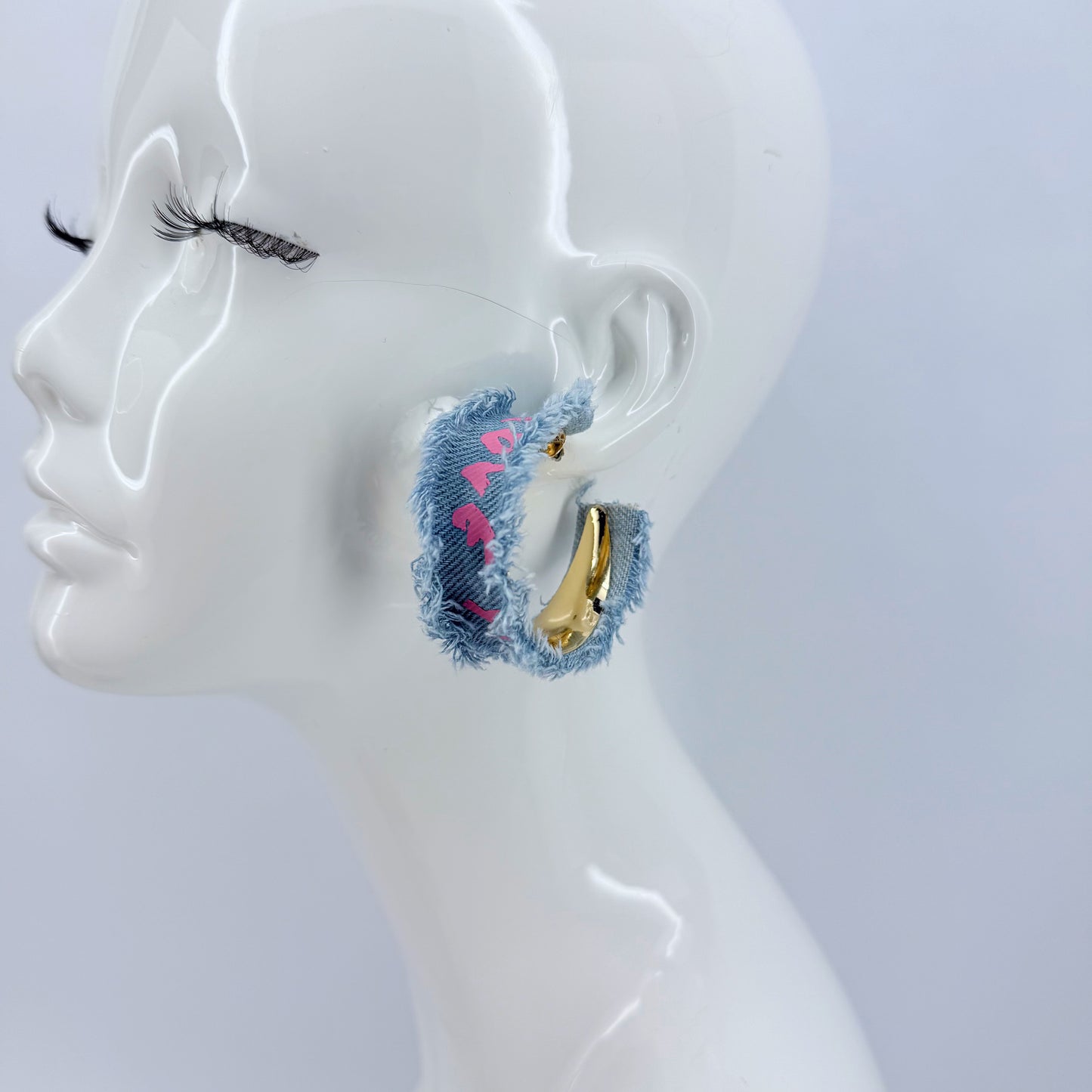 Denim Hoops and Denim Choker Set with "Love Yourself" printed in Pink
