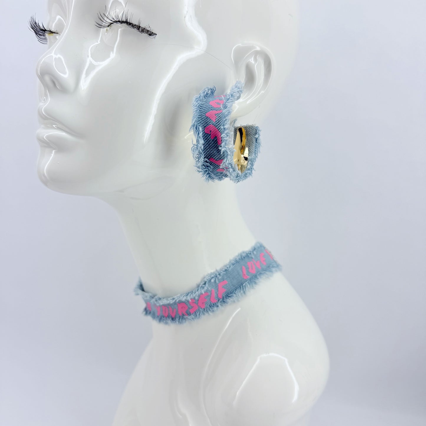 Denim Hoops and Denim Choker Set with "Love Yourself" printed in Pink