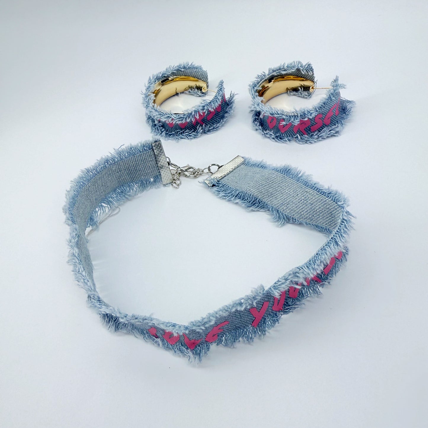 Denim Hoops and Denim Choker Set with "Love Yourself" printed in Pink