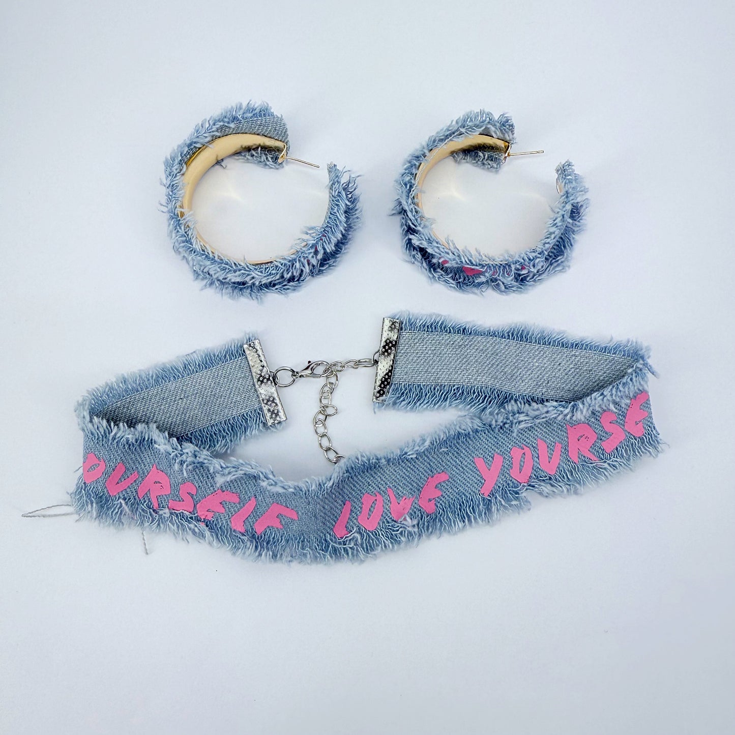 Denim Hoops and Denim Choker Set with "Love Yourself" printed in Pink