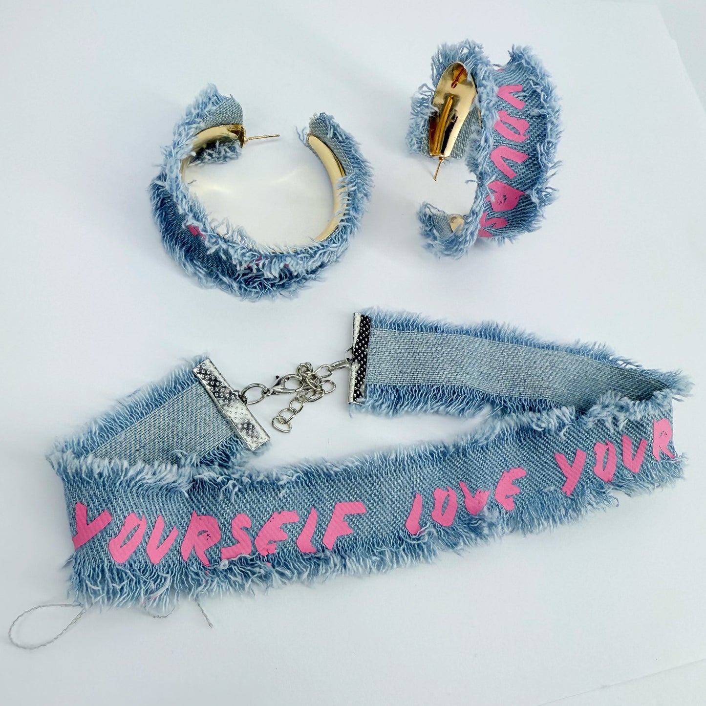 Denim Hoops and Denim Choker Set with "Love Yourself" printed in Pink