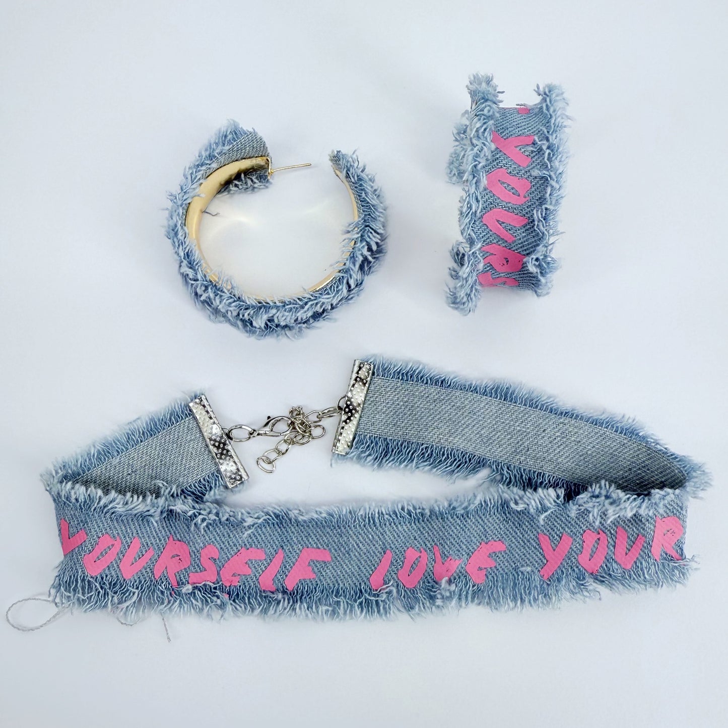 Denim Hoops and Denim Choker Set with "Love Yourself" printed in Pink