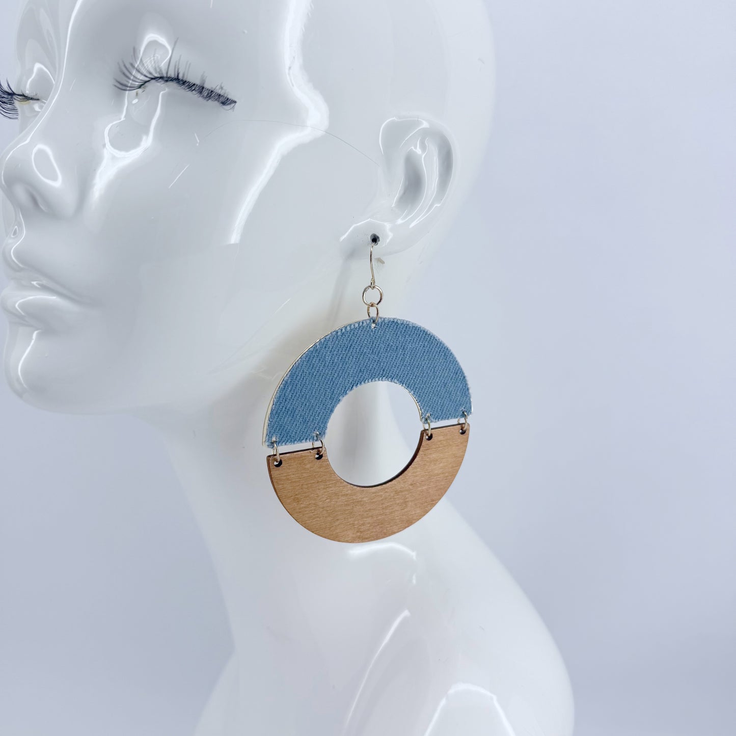 Half Cut Drop Dangle Circle Fish Hook Earrings With Blue Denim And Wood