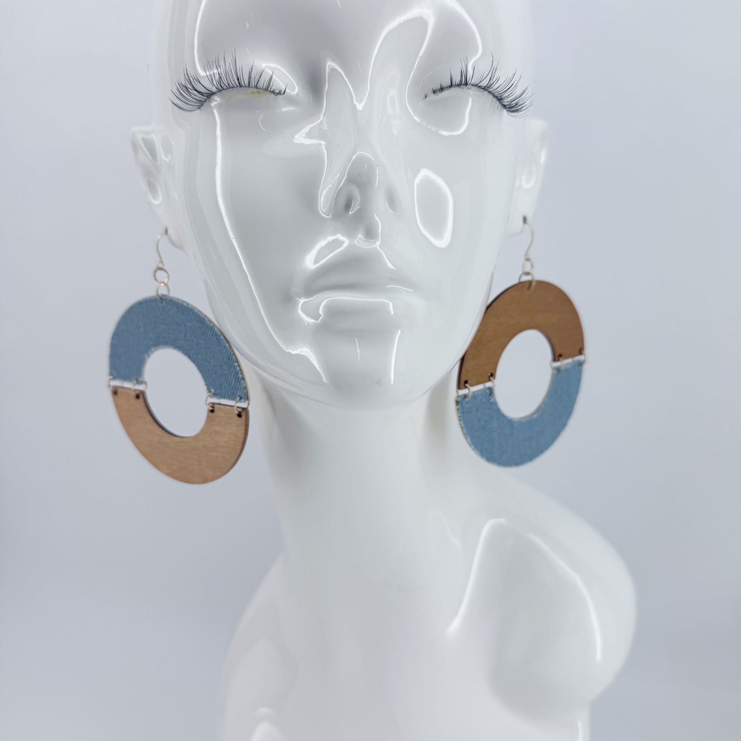 Half Cut Drop Dangle Circle Fish Hook Earrings With Blue Denim And Wood