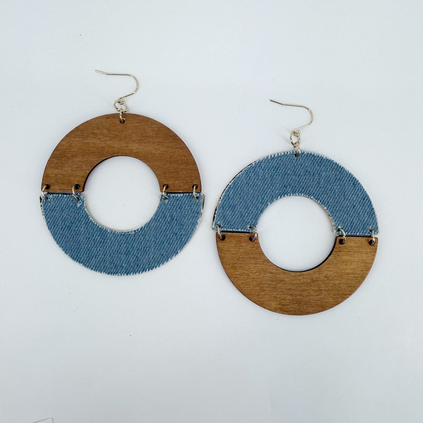 Half Cut Drop Dangle Circle Fish Hook Earrings With Blue Denim And Wood