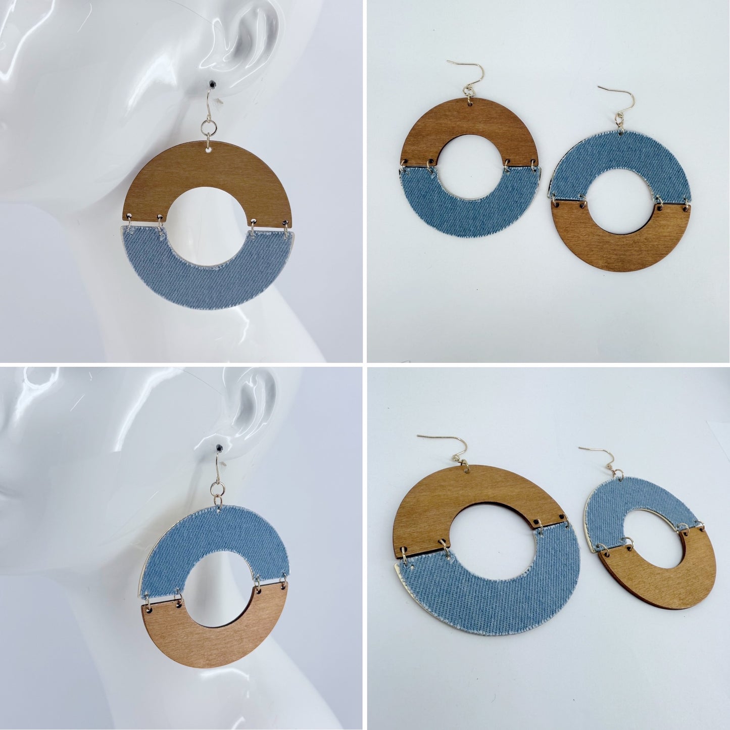 Half Cut Drop Dangle Circle Fish Hook Earrings With Blue Denim And Wood