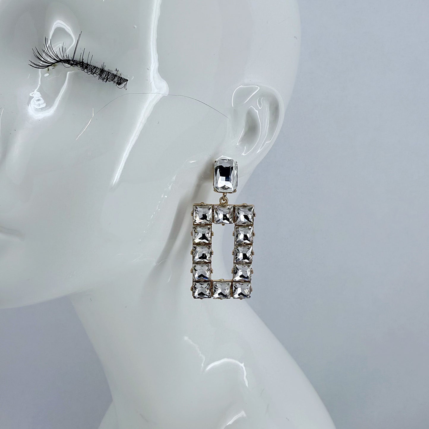 Post Back Clear Rhinestones Rectangle Drop Dangle Earrings