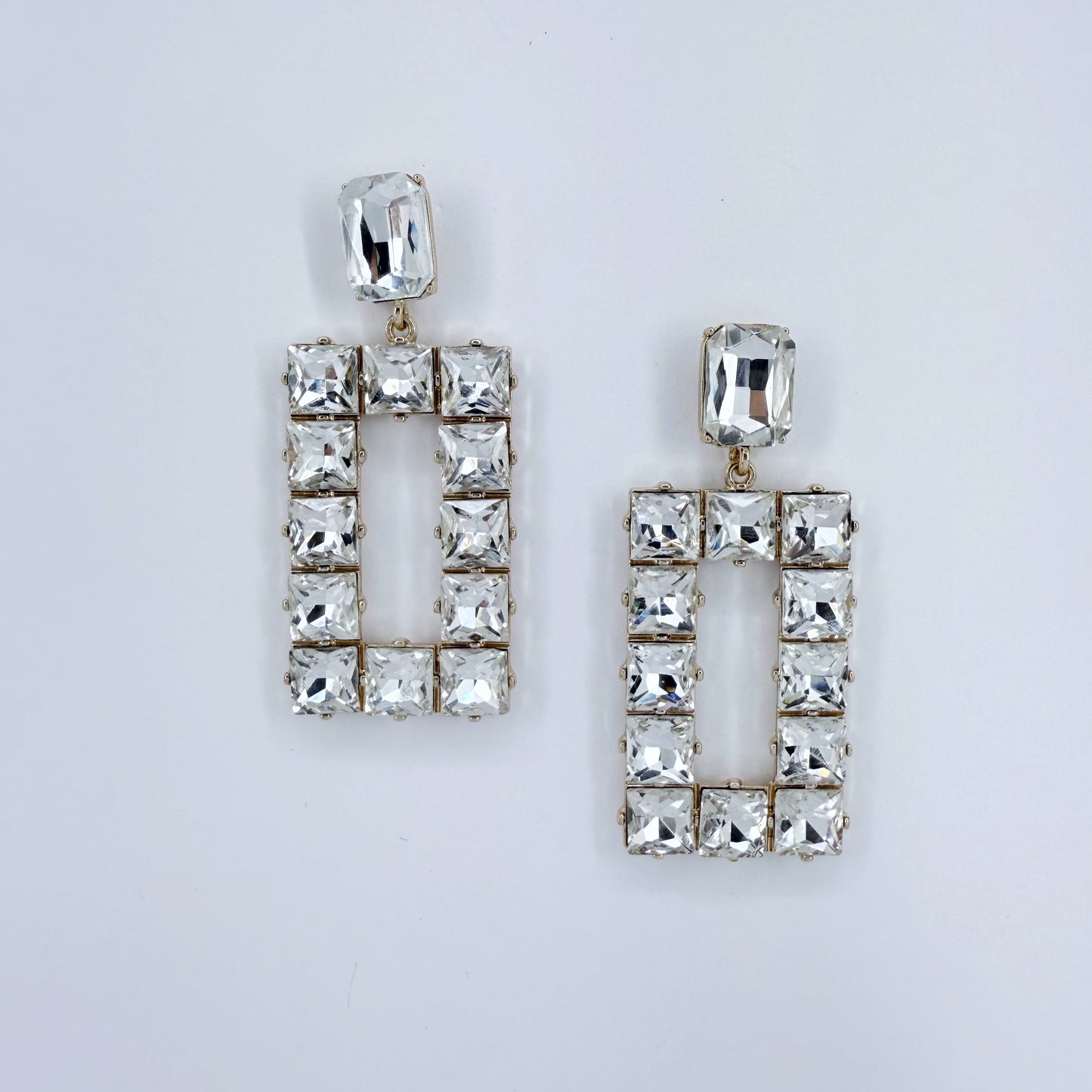 Post Back Clear Rhinestones Rectangle Drop Dangle Earrings