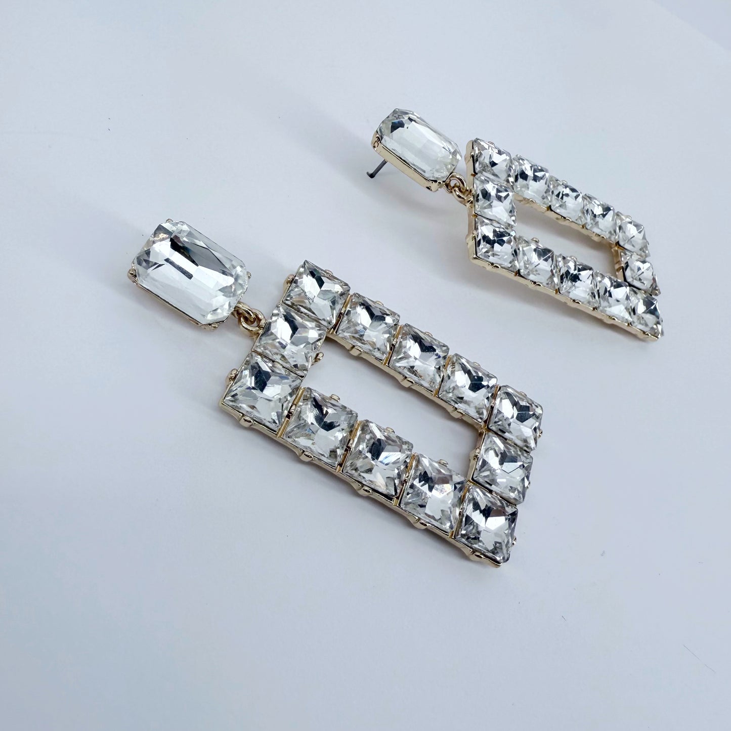 Post Back Clear Rhinestones Rectangle Drop Dangle Earrings