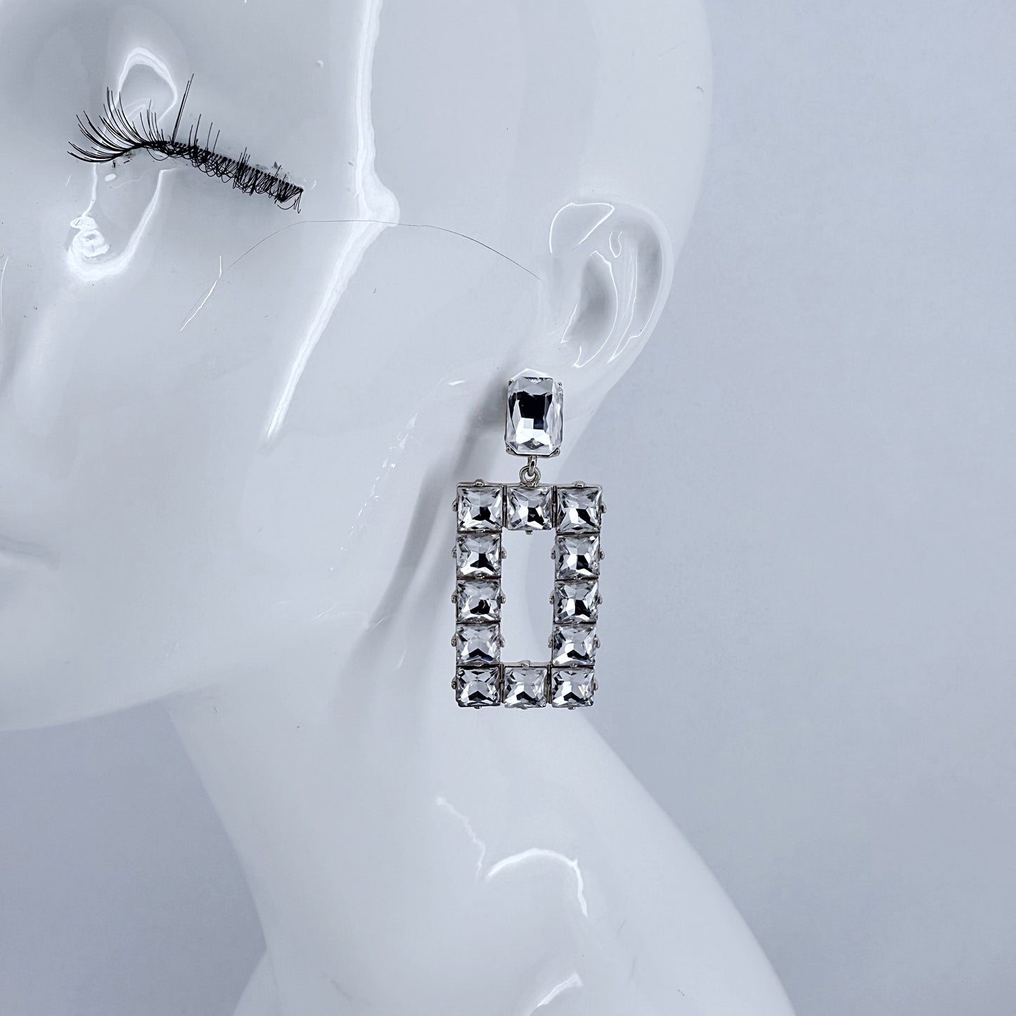 Post Back Clear Rhinestones Rectangle Drop Dangle Earrings