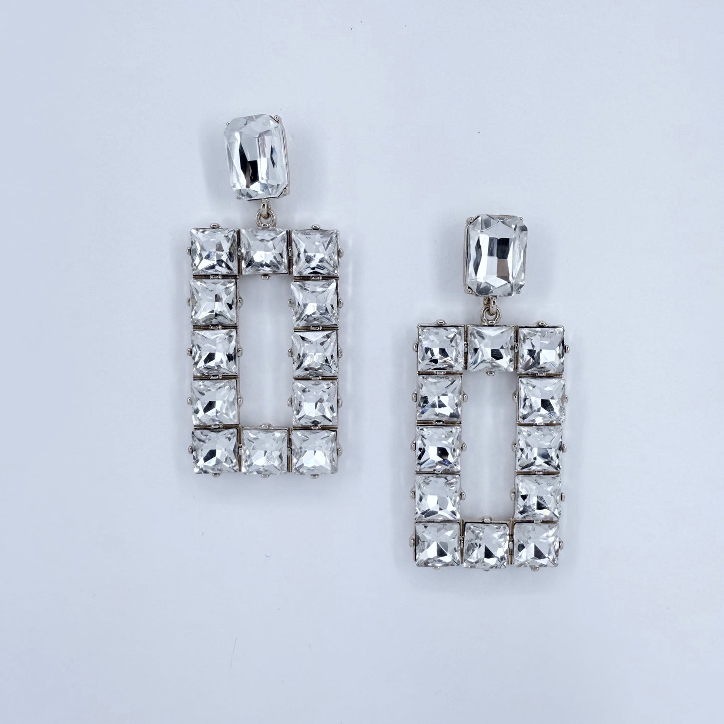 Post Back Clear Rhinestones Rectangle Drop Dangle Earrings
