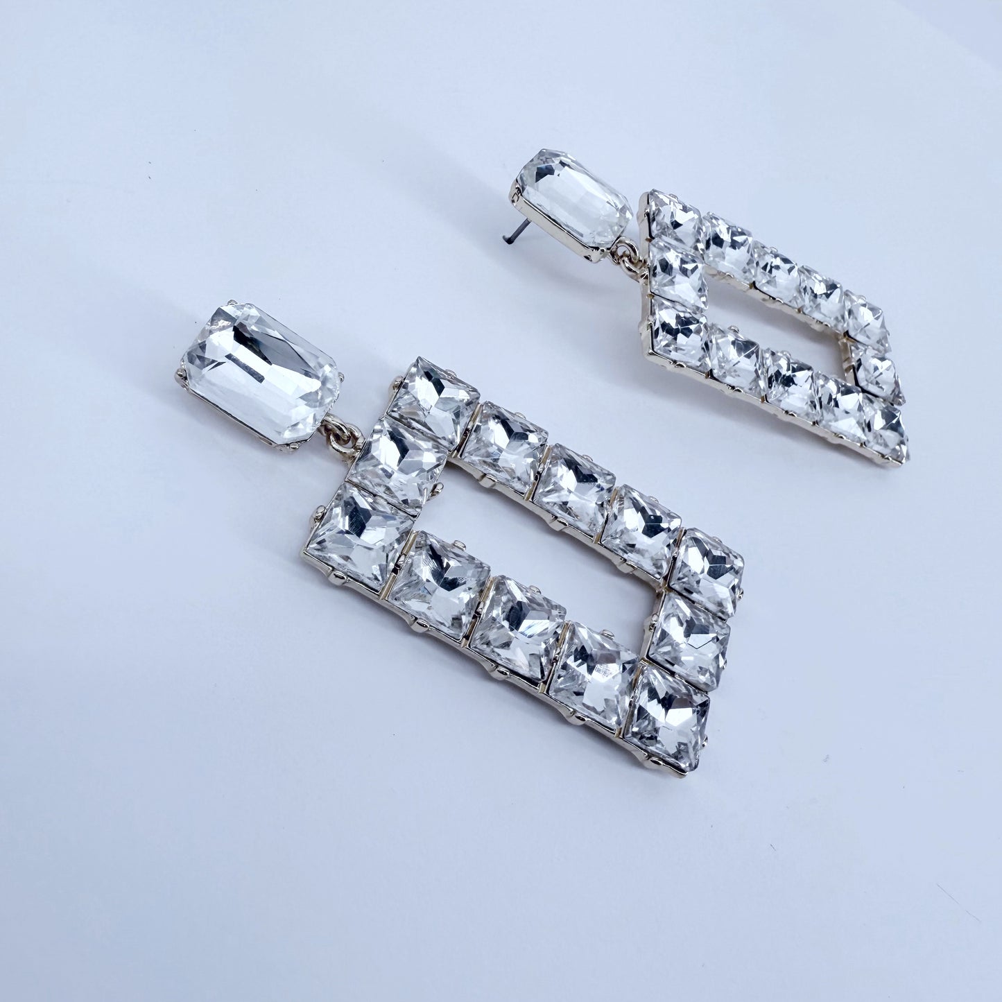 Post Back Clear Rhinestones Rectangle Drop Dangle Earrings