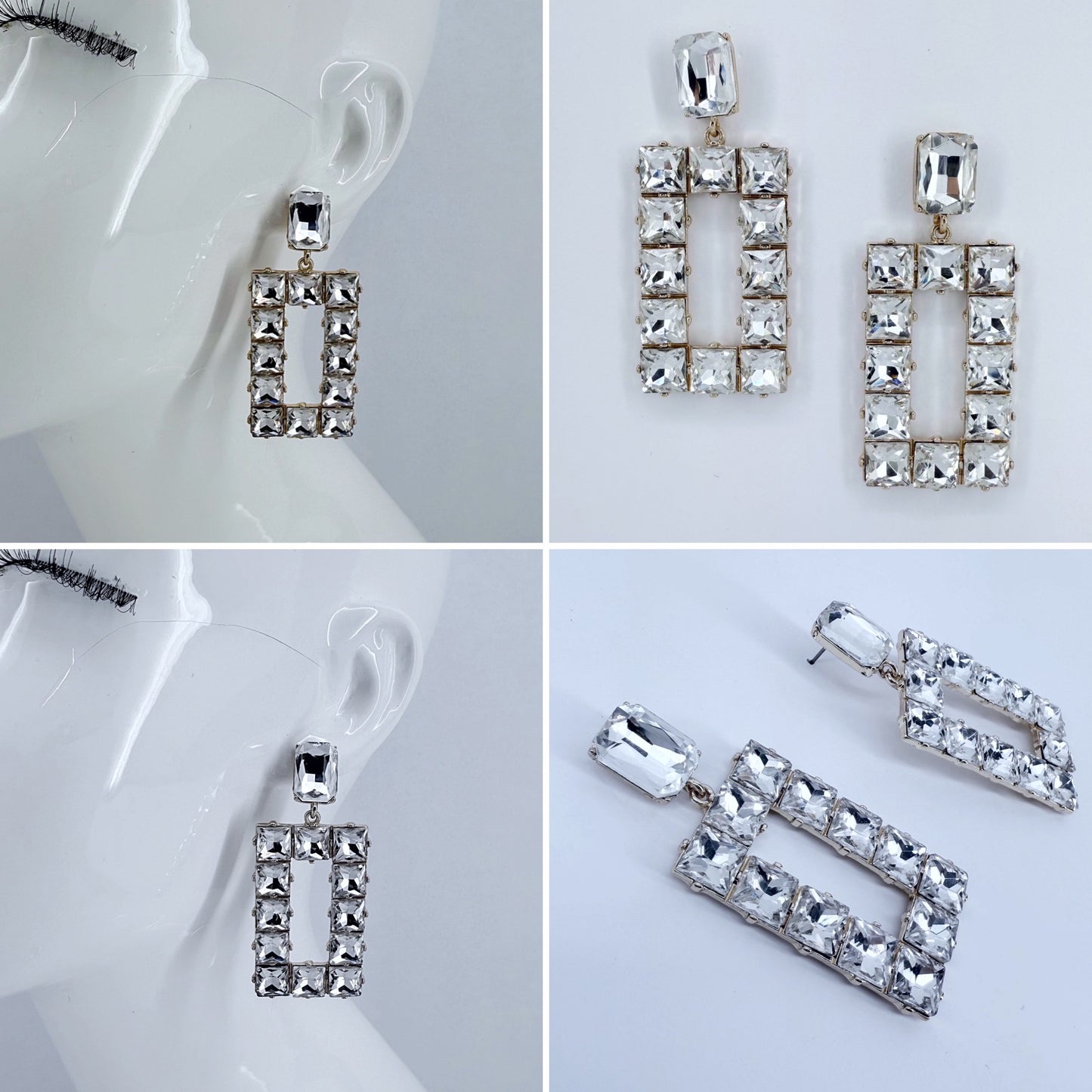 Post Back Clear Rhinestones Rectangle Drop Dangle Earrings