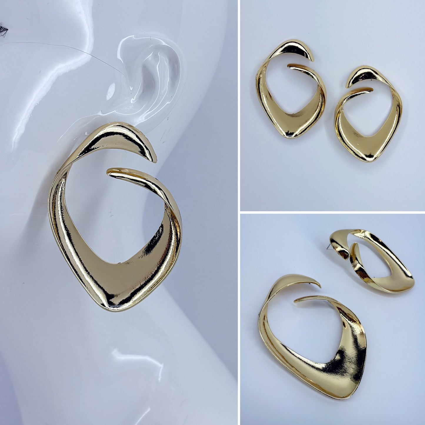 Large Gold Finish Geometric Design Post Back Earrings