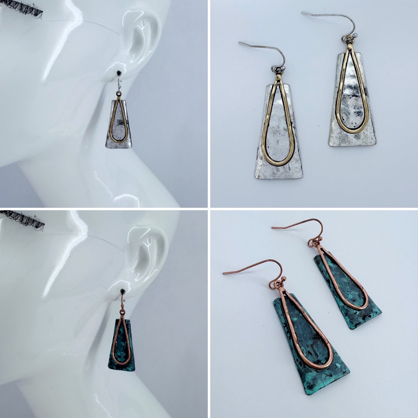 Antique Metal with Teardrop Design Drop Dangle Triangle Earrings