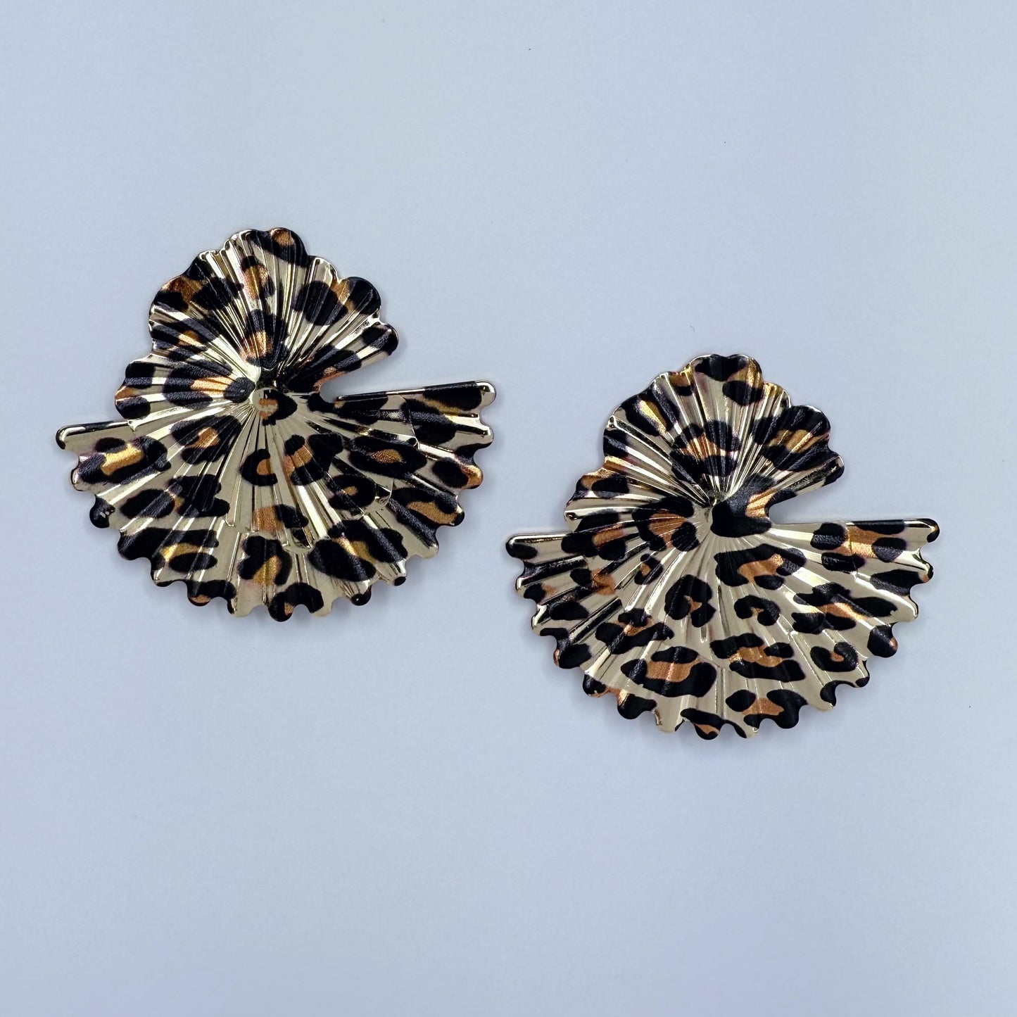 Metal Leopard Print Fan design Post Back Earrings