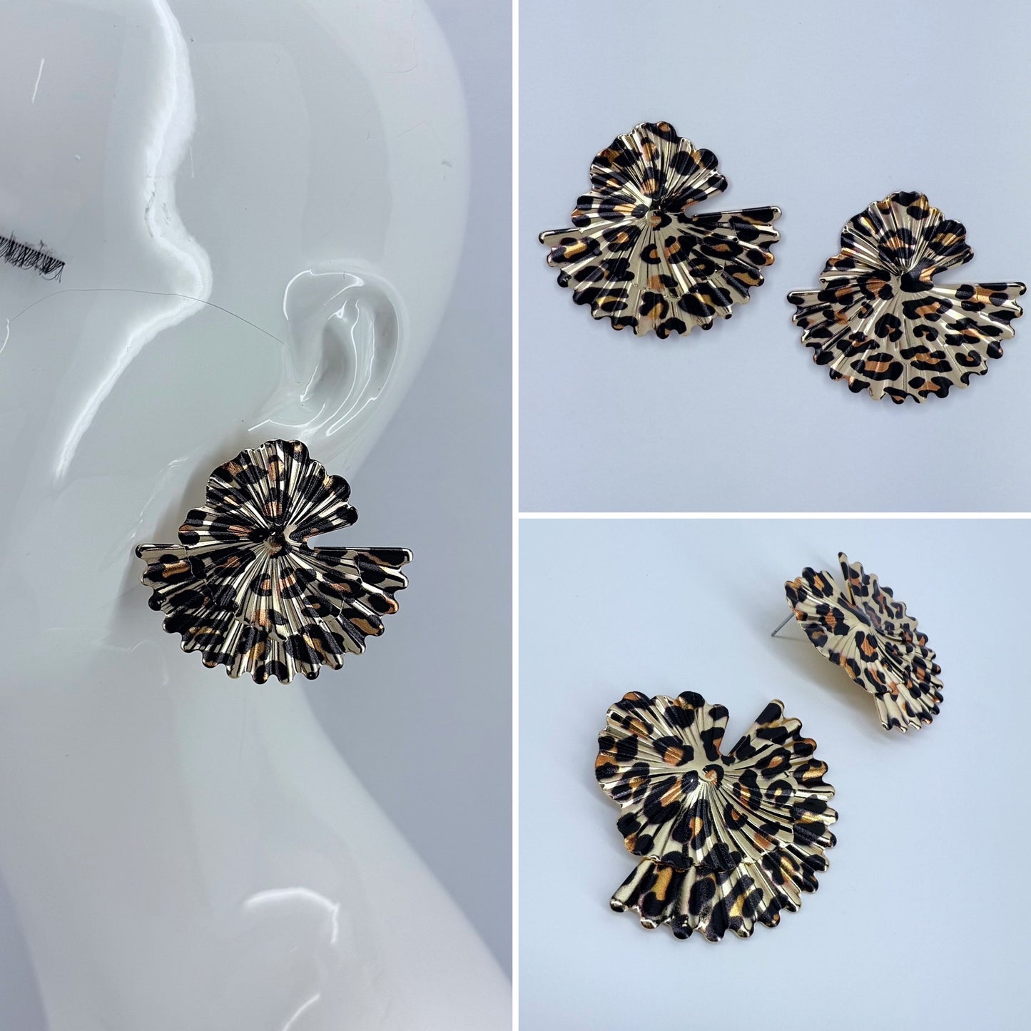 Metal Leopard Print Fan design Post Back Earrings