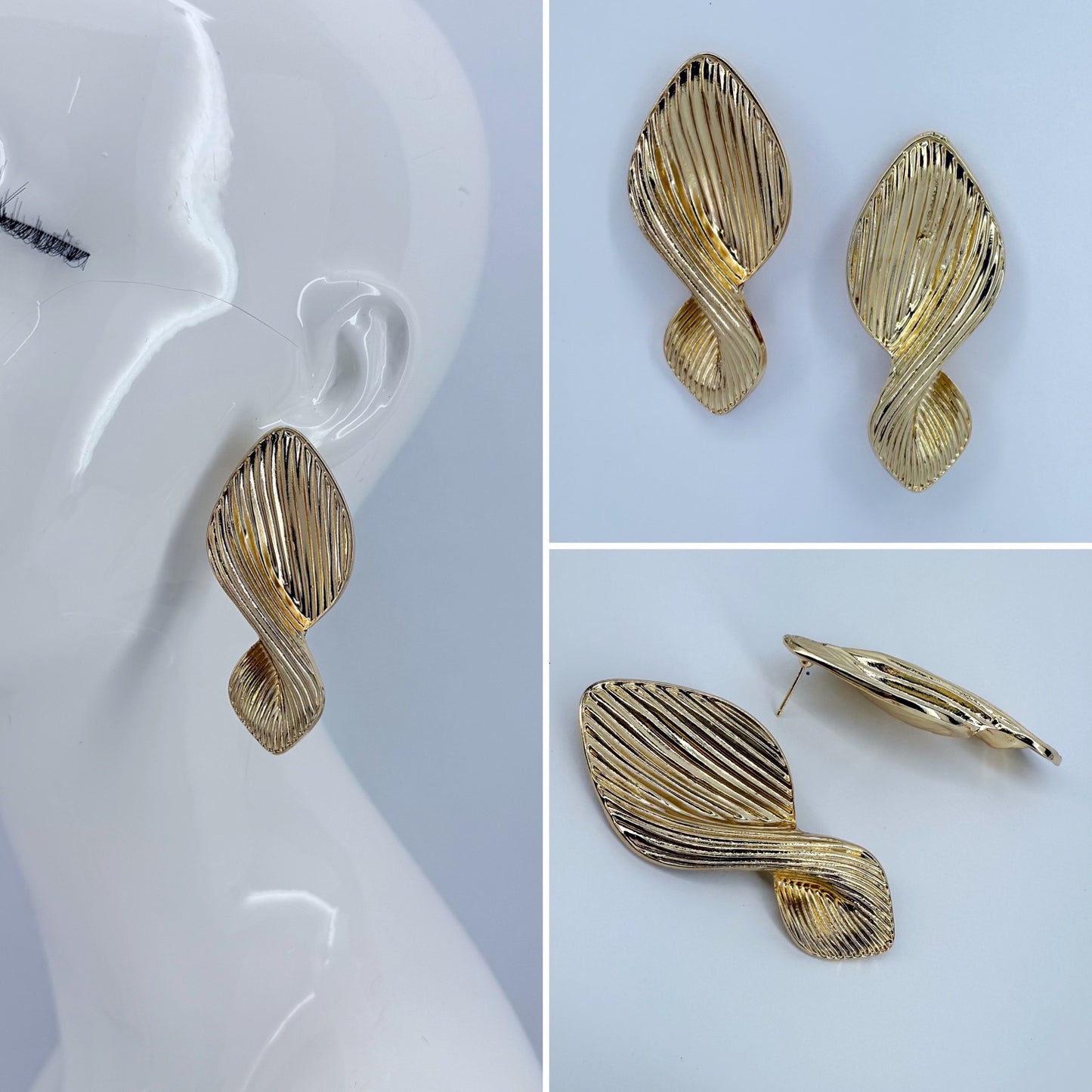 Gold Finish Twisted Stripped Metal Earrings